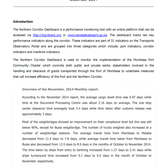 Northern Corridor Performance Monthly Report for December 2014